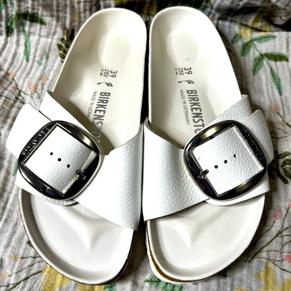 Birkenstock Madrid Big Buckle White Pebbled Leather Sandals - Picture 1 of 7